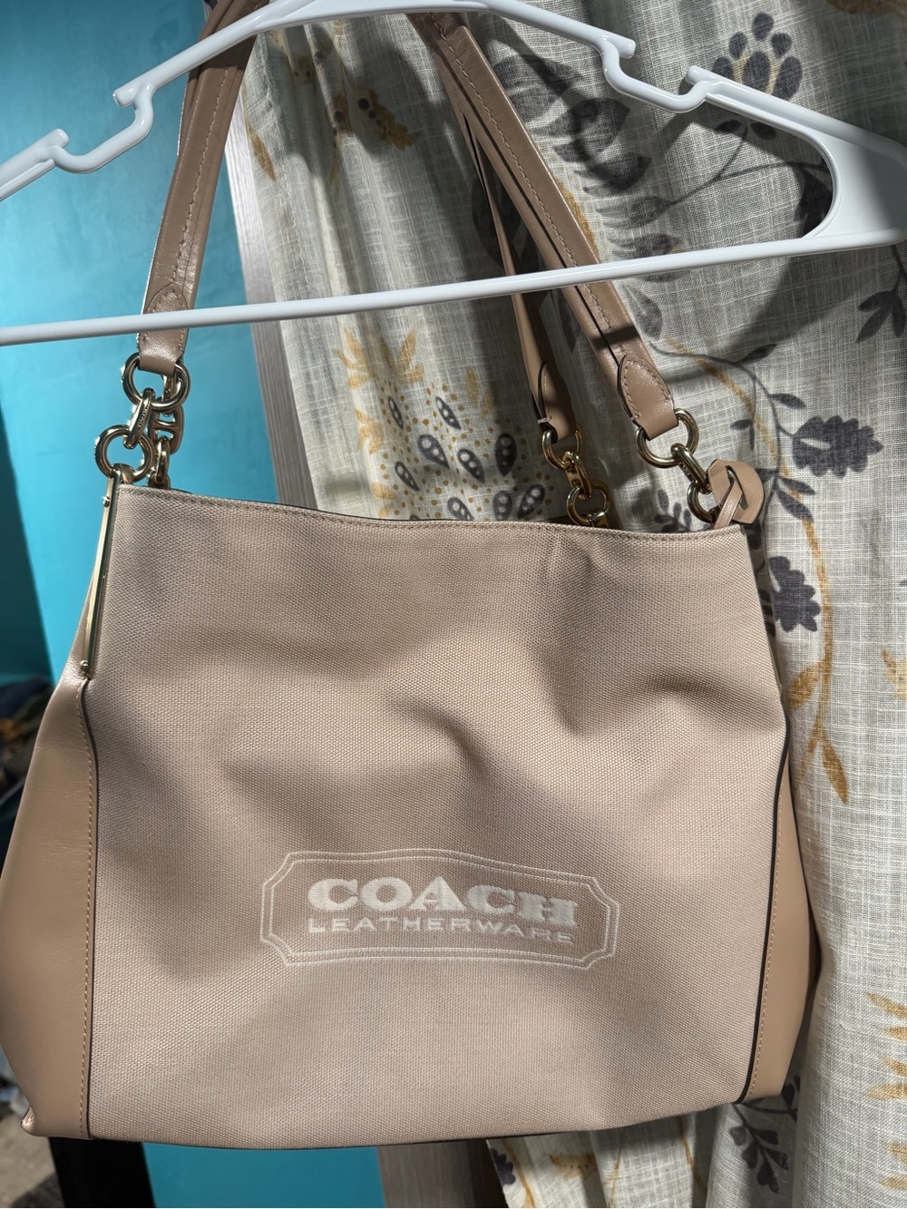 COACH Beige/Pale Pink Leather-Trim Shoulder Bag